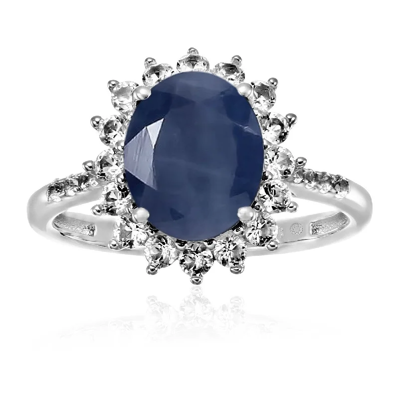 Dome motif ring-Sterling Silver Indian Blue Sapphire and Created White Sapphire Ring