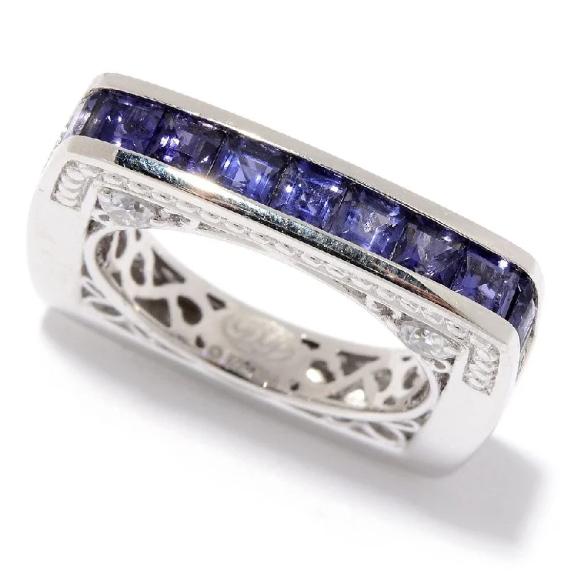 Crested wave ring-Sterling Silver Iolite & White Zircon Square Band Ring