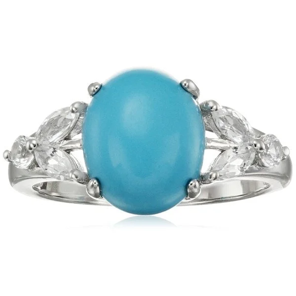 Lustrous minimalist ring-Sterling Silver Natural Turquoise, Created White Sapphire Ring, Size 7 - Blue