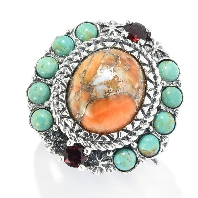 Wide-band ring-Sterling Silver Orange Spiny Oyster & Gemstone Halo Ring