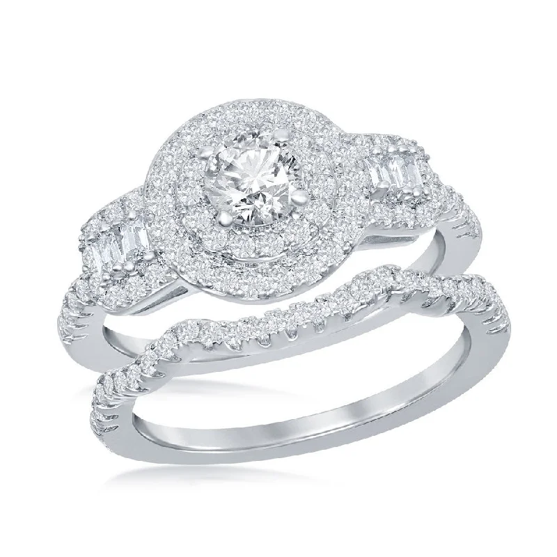 Jutting gem ring-Sterling Silver Round Double Halo Baguette CZ Side Stones Engagement Ring Set