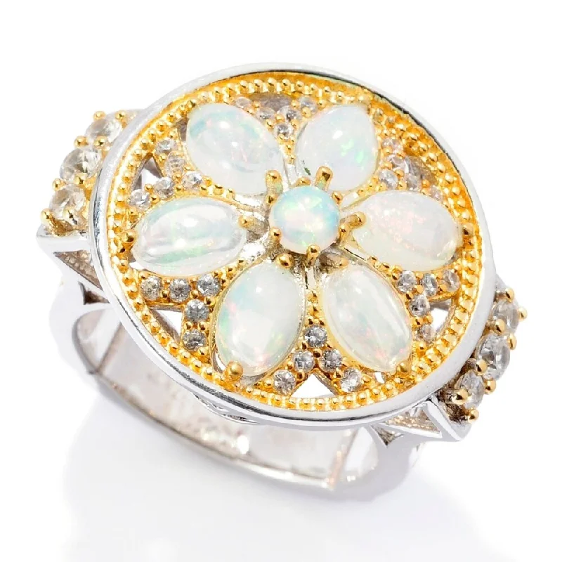 Bezel-rim ring-Sterling Silver Two-tone Ethiopian Opal & White Zircon Flower Ring