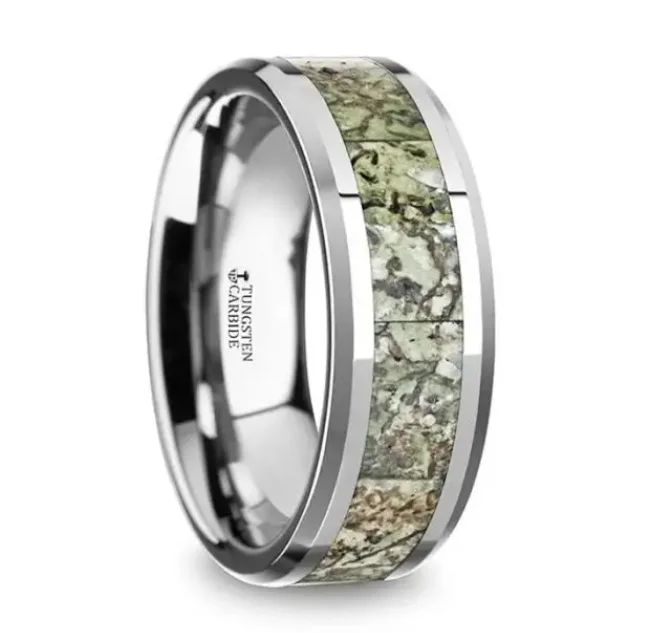 Glinting gem ring-TARGARYEN Men’s Tungsten Ring with Green Dinosaur Bone Inlay & Beveled Edges - 8mm