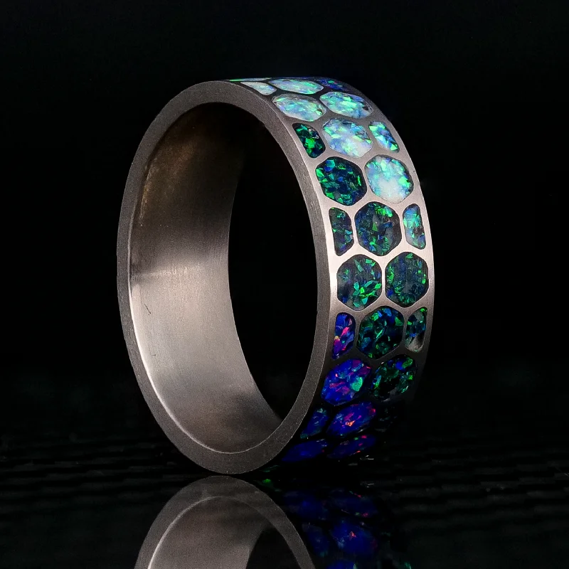 Wave motif ring-The Kaleidoscope | Opal Titanium Glowstone Ring