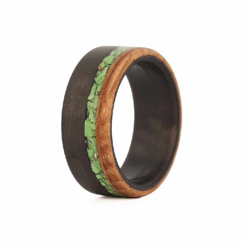 Rich topaz ring-The Mojave - Green Turqouise with Whiskey Barrel Wood and Carbon Sleeve Ring