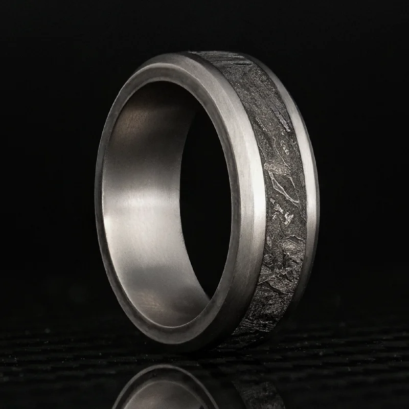 Skewed stone ring-Titanium Ring With Meteorite Inlay