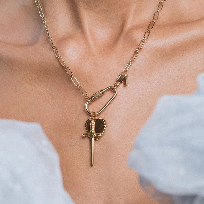 Slim chain necklace-TORMENT. Heart & Dagger Carabiner Charm Necklace - Gold