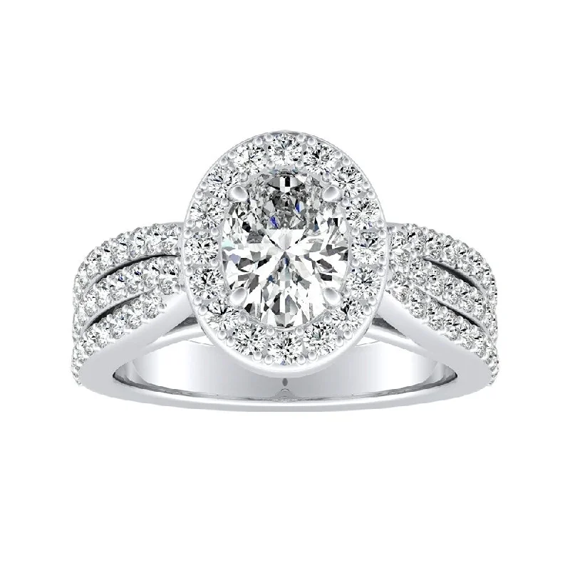 Stretch stone ring-Triple Band Oval-cut Halo Diamond Engagement Ring 1 1/3ctw 18k Gold by Auriya (I-J, I1-I2)