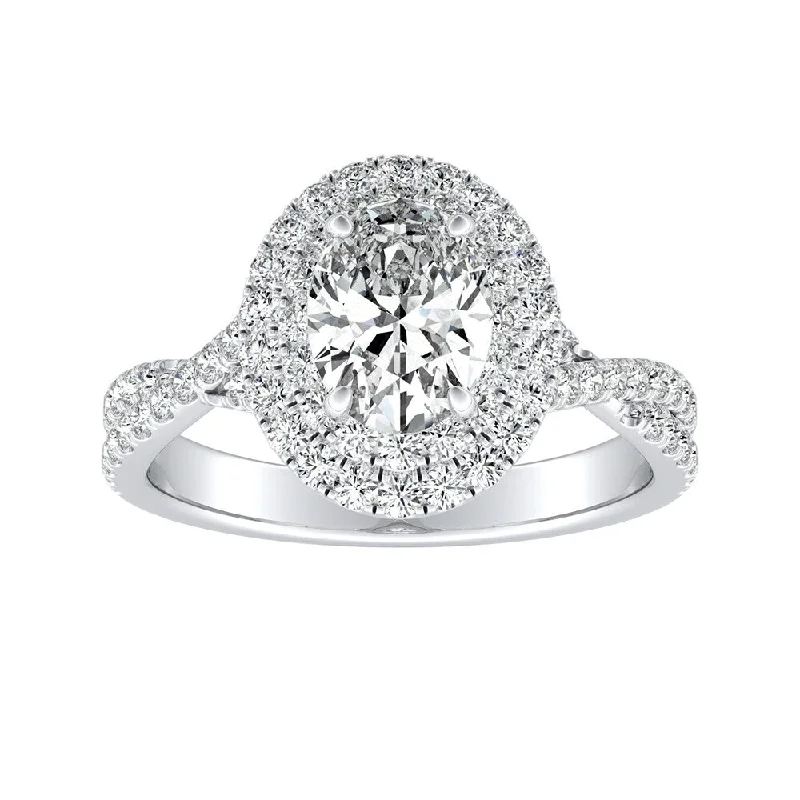 Hovering diamond ring-Twisted Oval Shape 1 1/2ctw Double Halo Diamond Engagement Ring 18k Gold by Auriya (I-J, I1-I2)