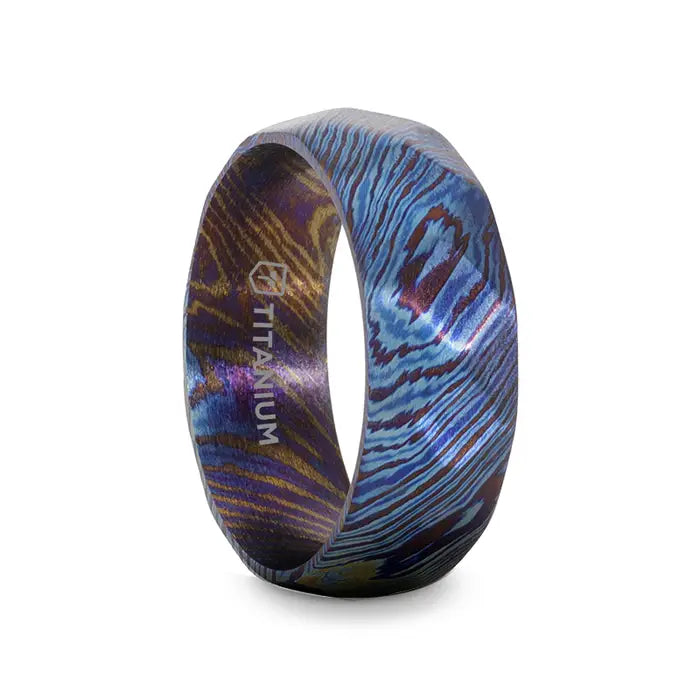 Satin marble ring-TYRIAN Brushed Titanium Ring with Blue and Purple Wavy Design - 8mm