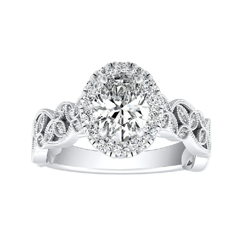 Subtle silver ring-Vintage Floral Vine Halo Oval Diamond Engagement Ring 3/4ctw 18k Gold by Auriya (I-J, I1-I2)