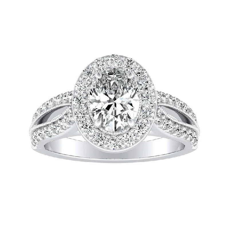 Polished palladium ring-Vintage Halo Oval Diamond Engagement Ring 7/8ctw Platinum by Auriya