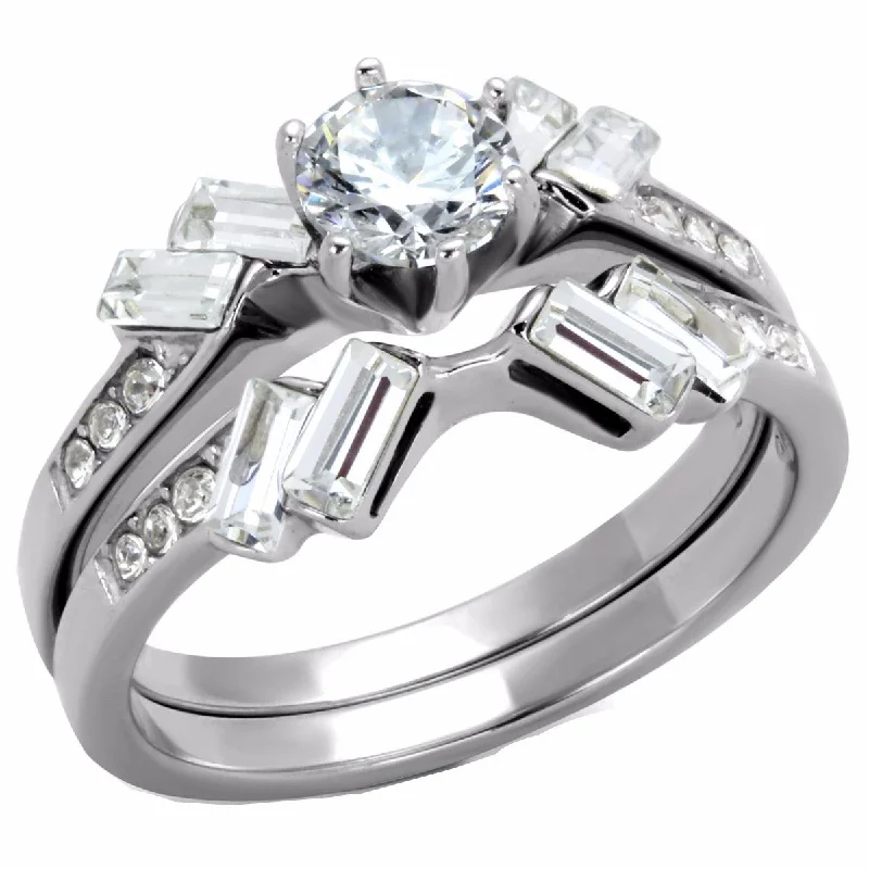 Sun flare ring-Womens 5x5mm Round Cut CZ Center Stainless Steel Engagement 2 Ring Set