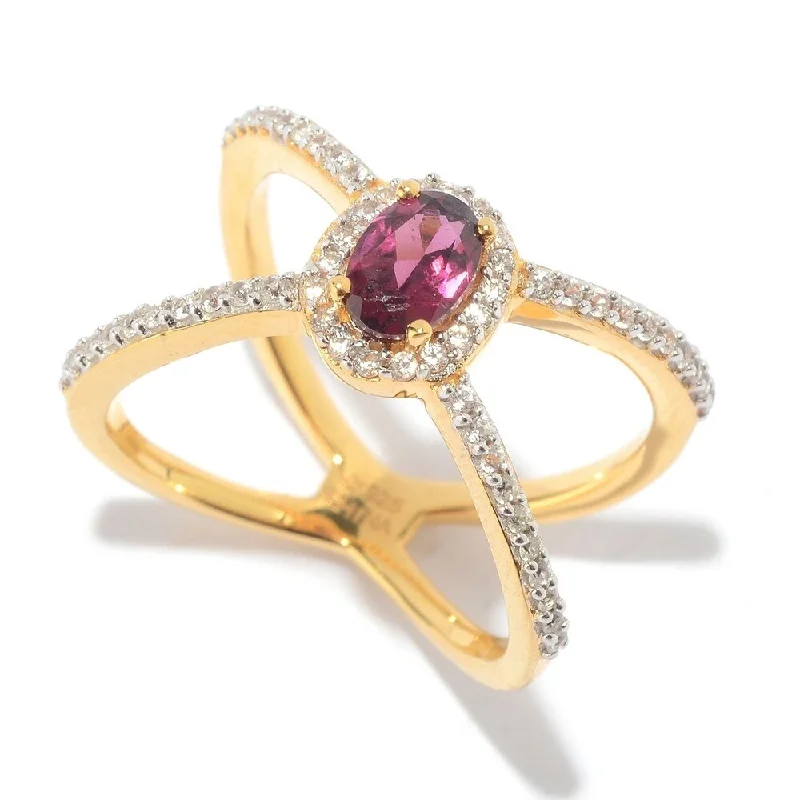 Twisting design ring-Yellow Vermeil "X" Halo Rhodolite Ring