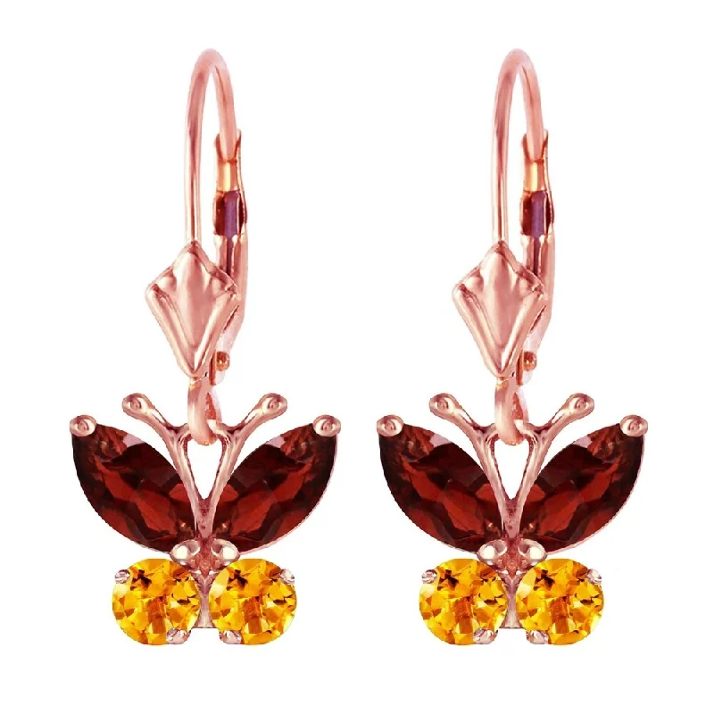 Vintage topaz earrings-1.24 CTW 14K Solid Rose Gold Butterfly Earrings Garnet Citrine