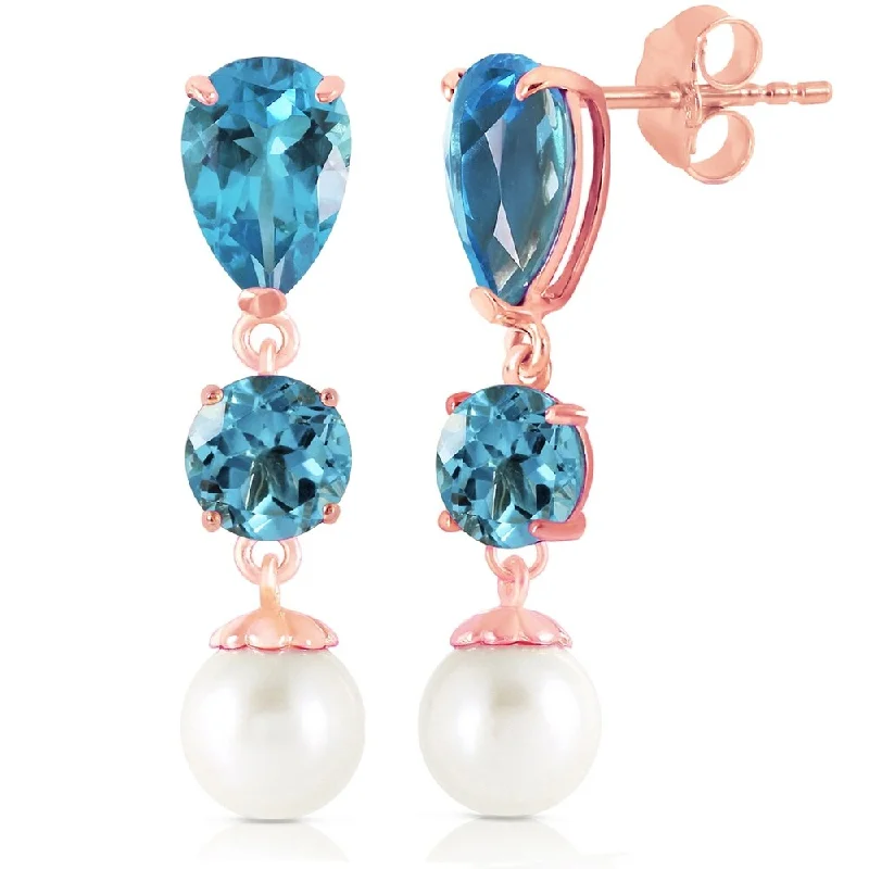 Sleek tungsten earrings-10.5 CTW 14K Solid Rose Gold Drop Earrings Blue Topaz And pearl