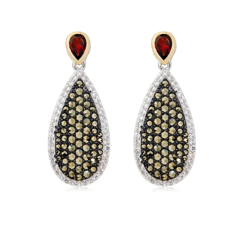 Twisting design earrings-14K Gold & Sterling Silver with Garnet, Marcasite Drop Earrings