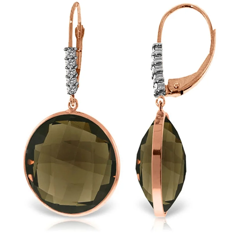 Floating gem earrings-14K Solid Gold Diamonds Earrings w/ Checkerboard Cut Smoky Quartz