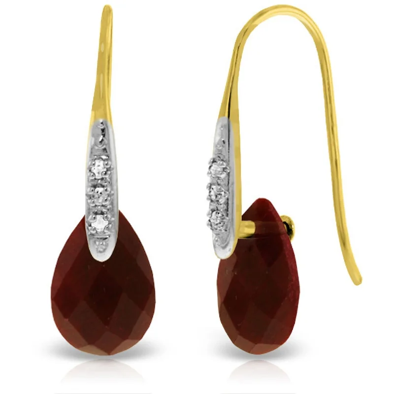 Tribal carved earrings-14K Solid Gold Fish Hook Earrings w/ Diamonds & Dangling Dyed Rubies