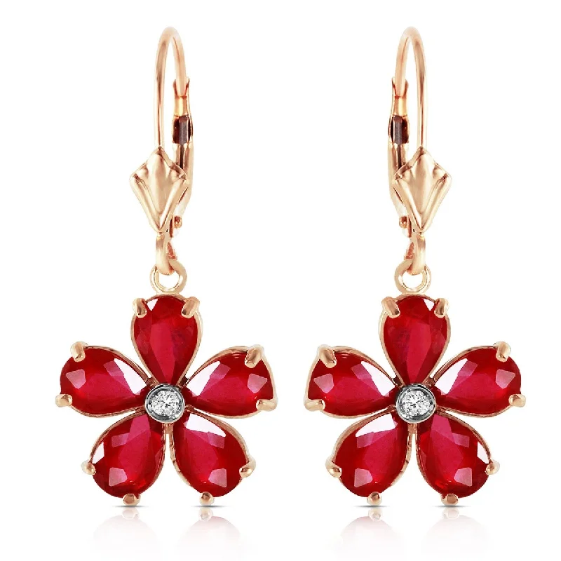 Chiseled design earrings-14K Solid Gold Leverback Earrings w/ Natural Rubies & Diamonds