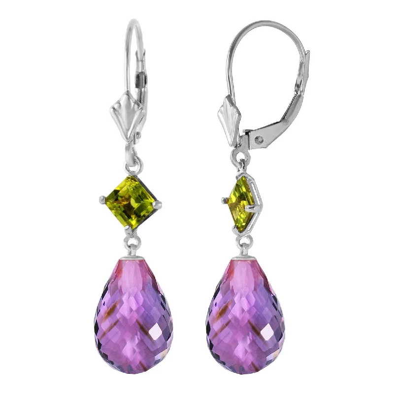 Radiant stone earrings-14K Solid Gold Leverback Gemstone Earrings w/ Peridots & Amethysts