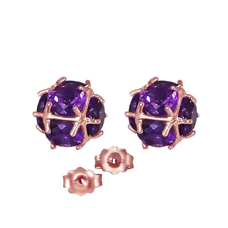 Chiseled gem earrings-14K Solid Rose Gold Stud Earrings with Natural Amethysts