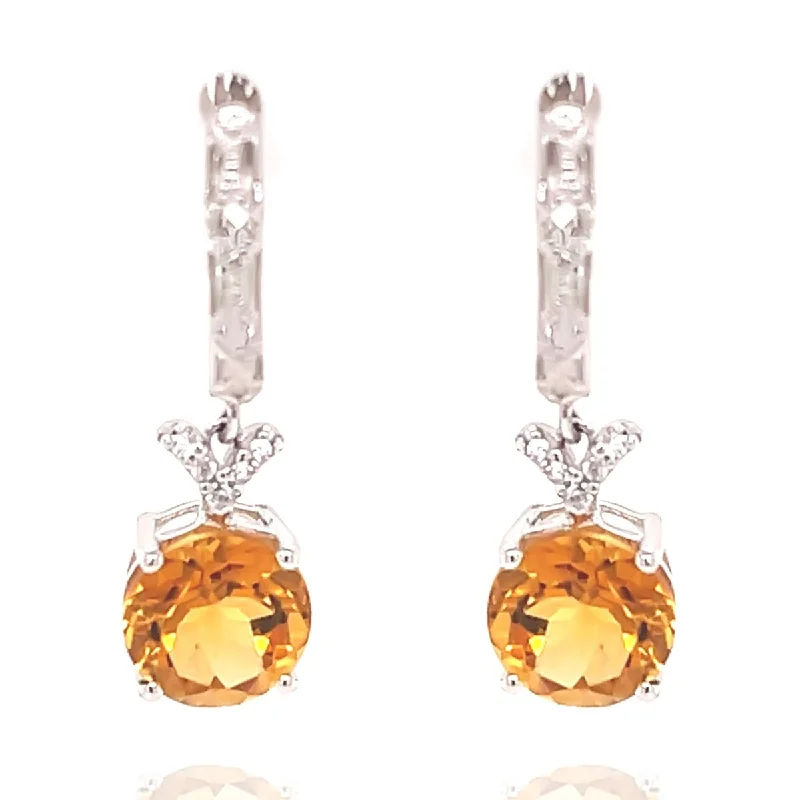 Grained stone earrings-14Kt White Gold Citrine and Diamond Dangling Earrings