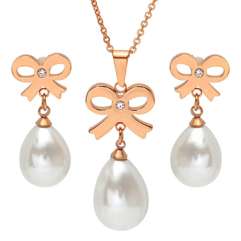 Sleek-cut earrings-18 KT Rose Gold Plated Earring/Pendant with Bows and Pearl Drops