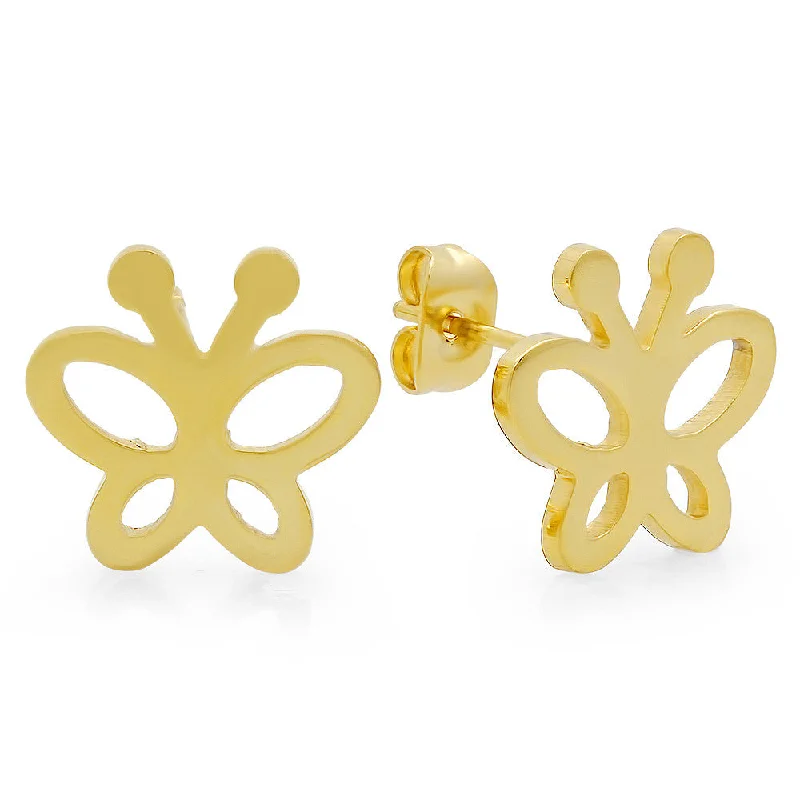 Grooved hoop earrings-18k Gold Plated Stainless Steel Butterfly Earring Studs