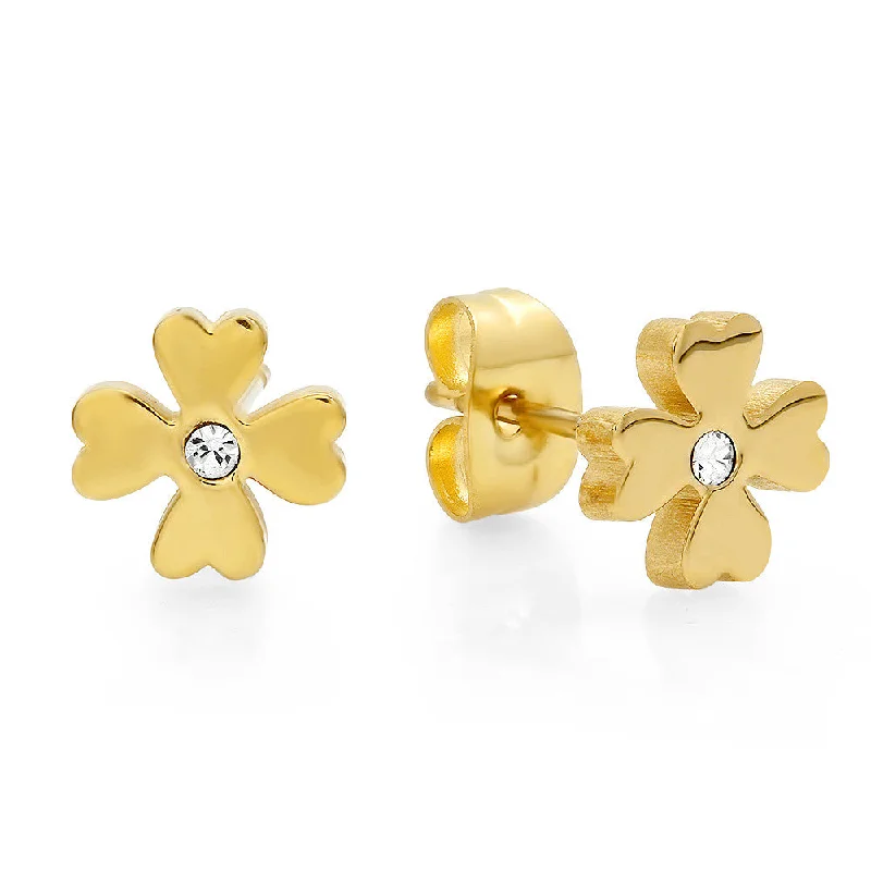 Shiny gold earrings-18kt Gold Plated Stainless Steel Flower Design Stud Earrings with SW Stones