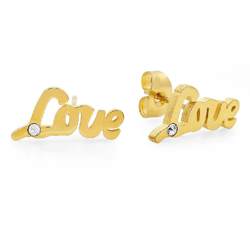 Subtle braid earrings-18kt Gold Plated Stainless Steel Stud Earrings with "Love" and SW Stones Design