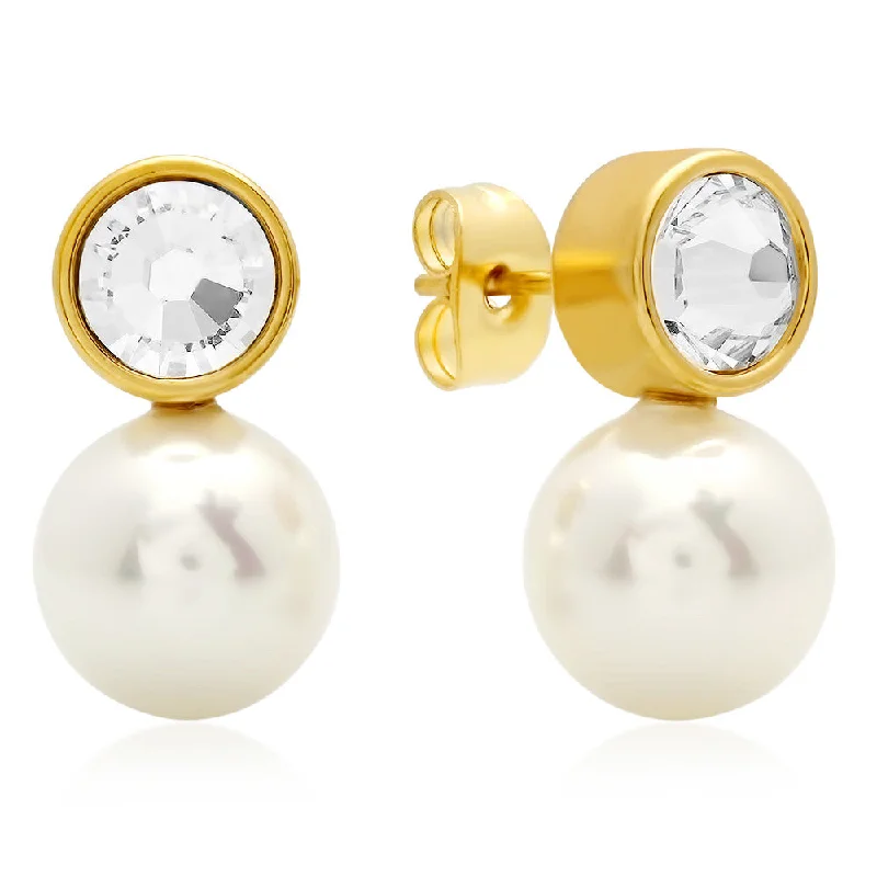 Leaf-wrap earrings-18kt Gold Plated Stainless Steel Stud Earrings with Simulated Pearl and SW Stones