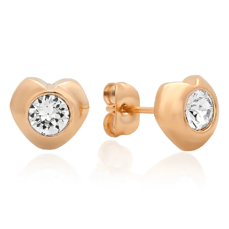 Decagonal stud earrings-18kt Rose Gold Plated Stainless Steel Heart Shape Stud Earrings with SW Stones