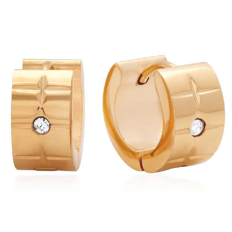 Forged gold earrings-18kt Rose Gold Plated Stainless Steel Huggie Earrings with SW Stones