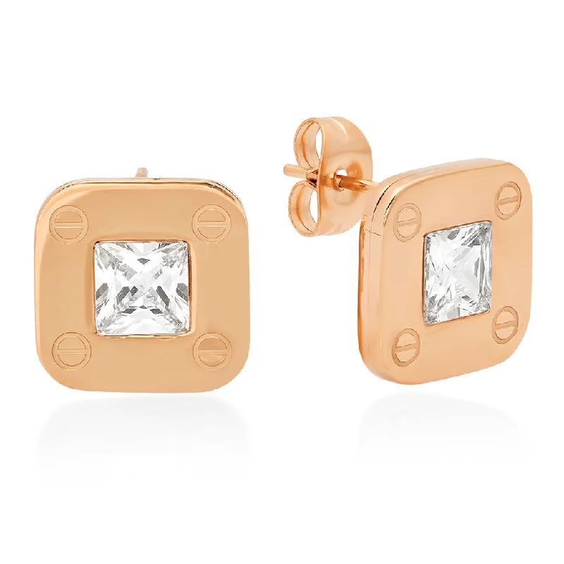 Intricate filigree earrings-18kt Rose Gold Plated Stainless Steel Stud Earrings with Screws and CZ Stones Accent