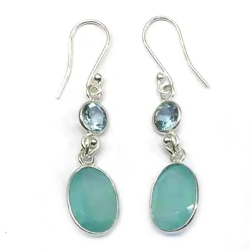 Glossy gem earrings-925 Sterling Silver Aqua Chalcedony and Sky Blue Topaz Drop Earrings