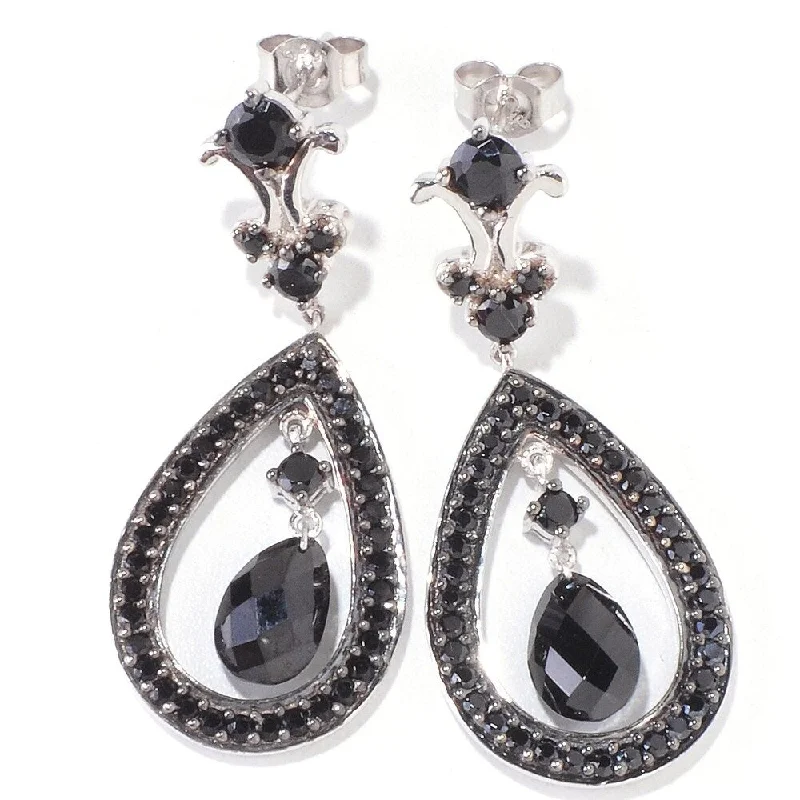 Curved design earrings-925 Sterling Silver Black Spinel Drop Earrings