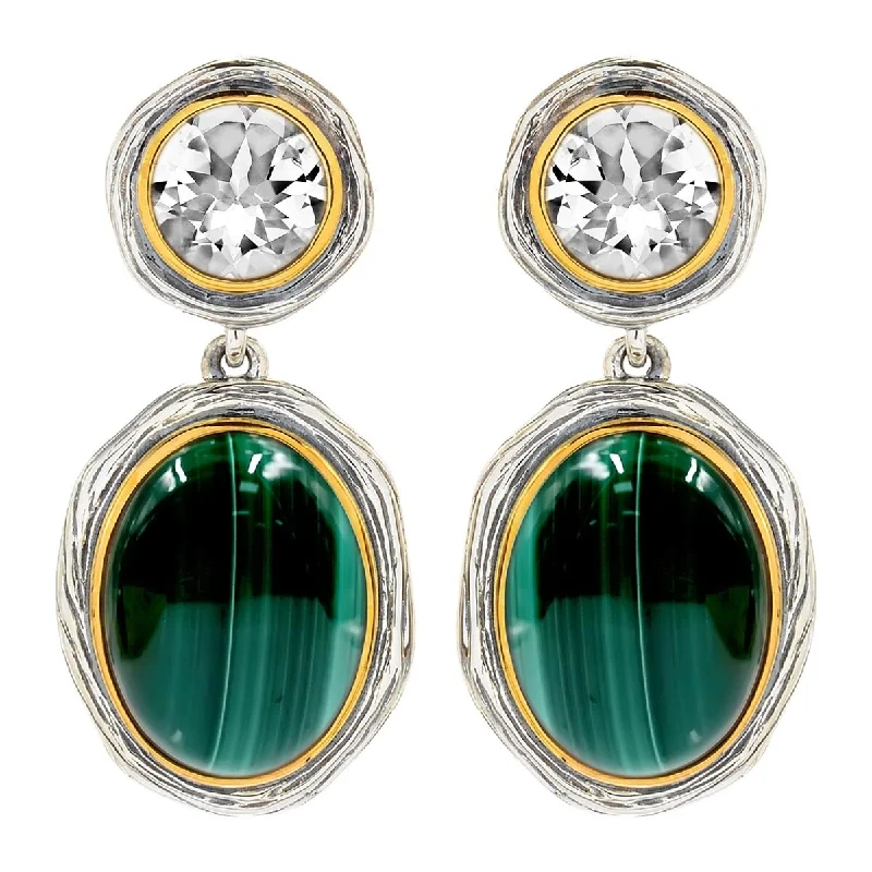 Curved cabochon earrings-925 Sterling Silver Malachite,White Topaz Earring