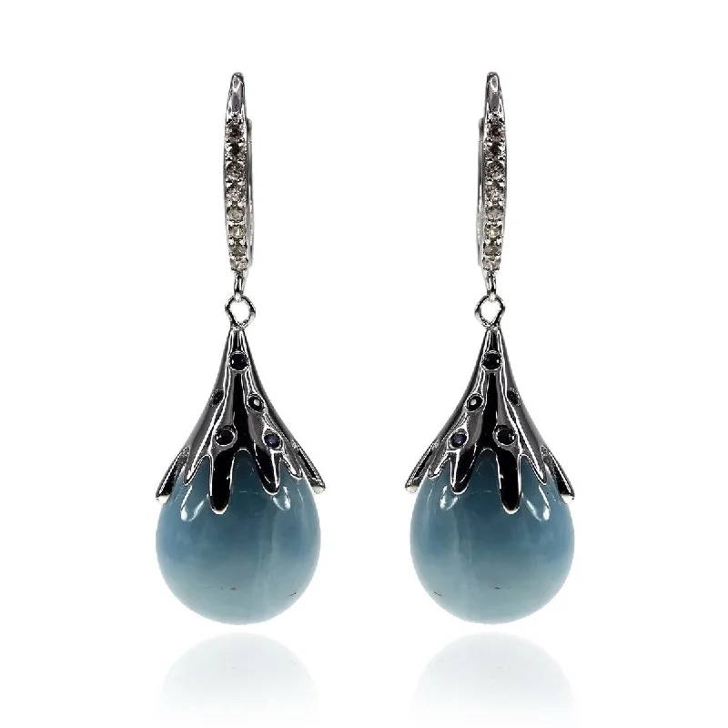 Single pearl earrings-925 Sterling Silver Milky Aquamarine and Blue Sapphir Drop Earrings