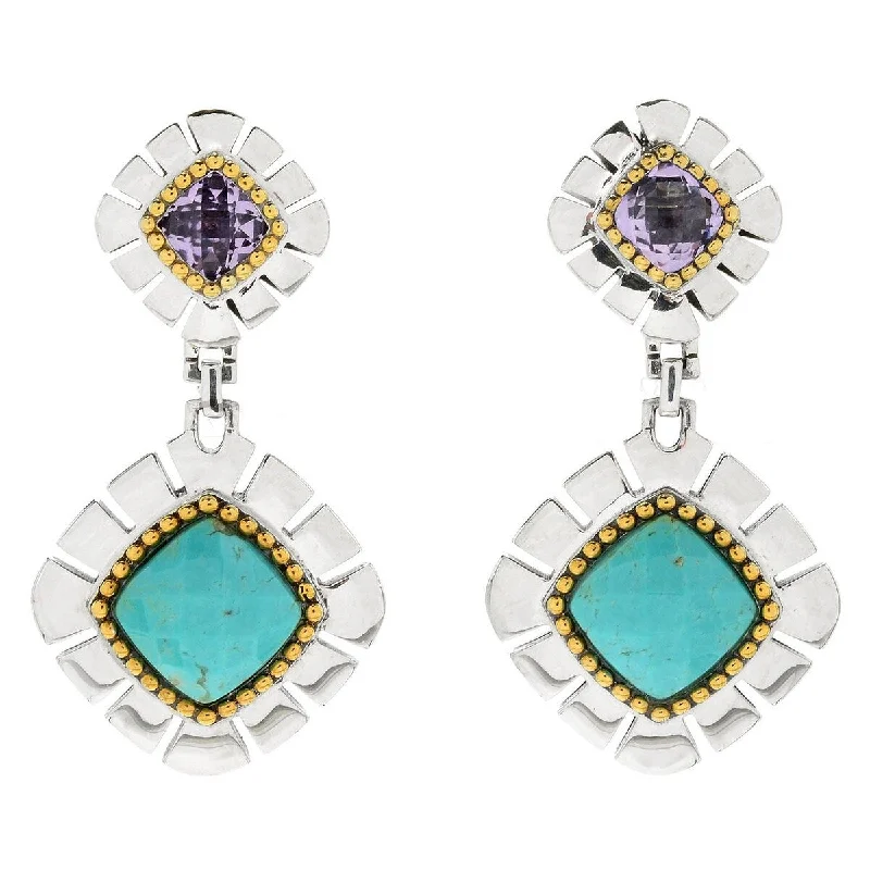 Hovering diamond earrings-925 Sterling Silver Pink Amethyst and Tyrone Turquoise Drop Earrings