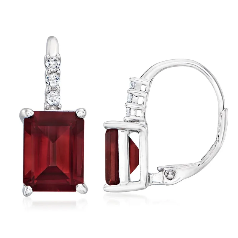 Radiant diamond earrings-925 Sterling Silver Red Garnet and White Topaz Dangle Earrings