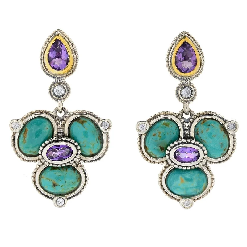 Shiny gold earrings-925 Sterling Silver White Natural Zircon and Tyrone Turquoise Earrings