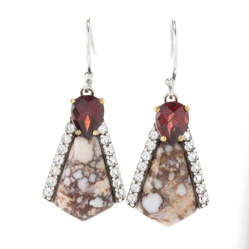 Rich topaz earrings-925 Sterling Silver Wild Horse,Red Garnet,White Topaz Drop Earrings