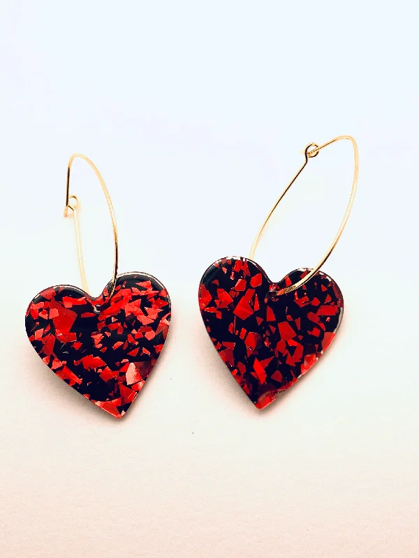 Natural pearl earrings-Acrylic Heart Earrings, Black/Red Sequins