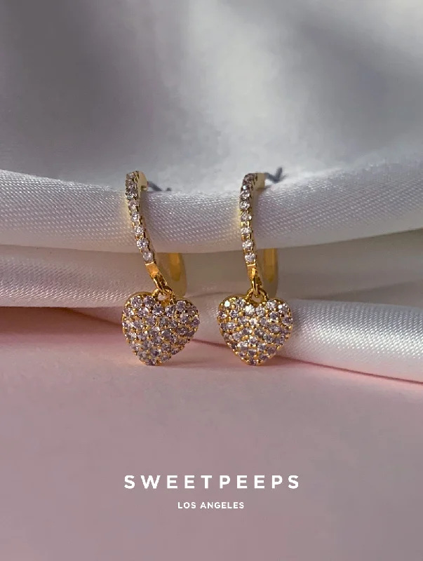 Jutting gem earrings-Adore Heart Huggies