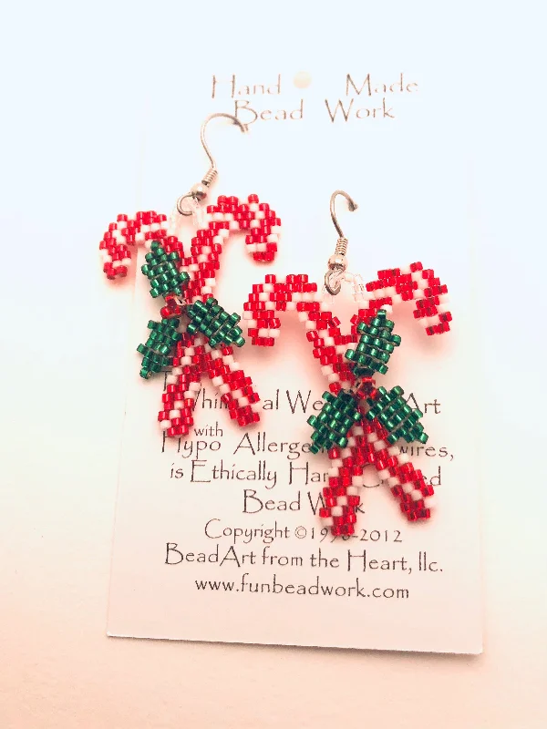 Mosaic hoop earrings-Beaded Candy Cane Earrings