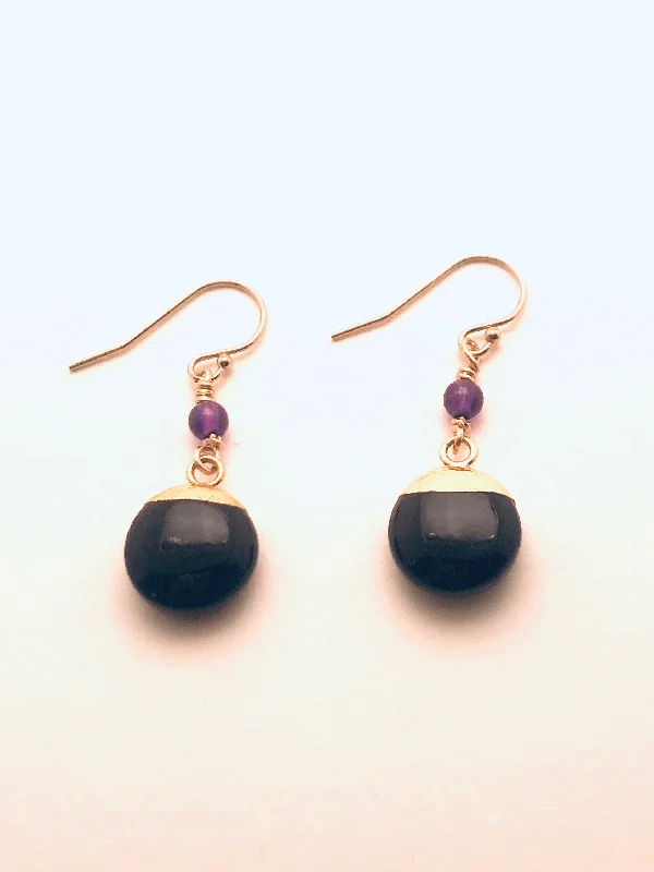 Tapered stone earrings-Black Onyx Coin dipped in Vermeil with Amethyst Accent Bead Earrings