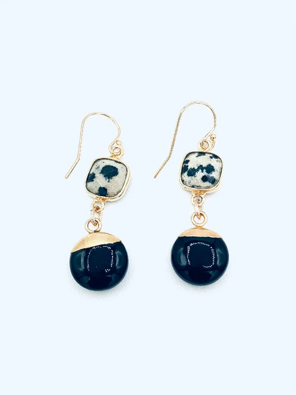 Arched stone earrings-Black Onyx Coin dipped in Vermeil with Polka Dot Agate Drop