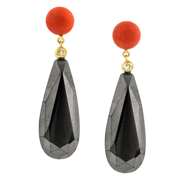 Sleek-cut earrings-Coral, Diamond & Hematite Earrings