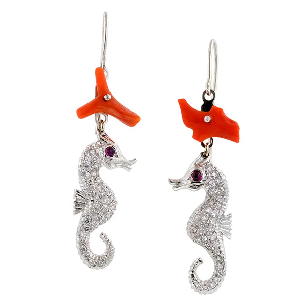 Pentagon stud earrings-Coral, Ruby, & Diamond Pave Seahorse Earrings, RBC 0.56ctw.